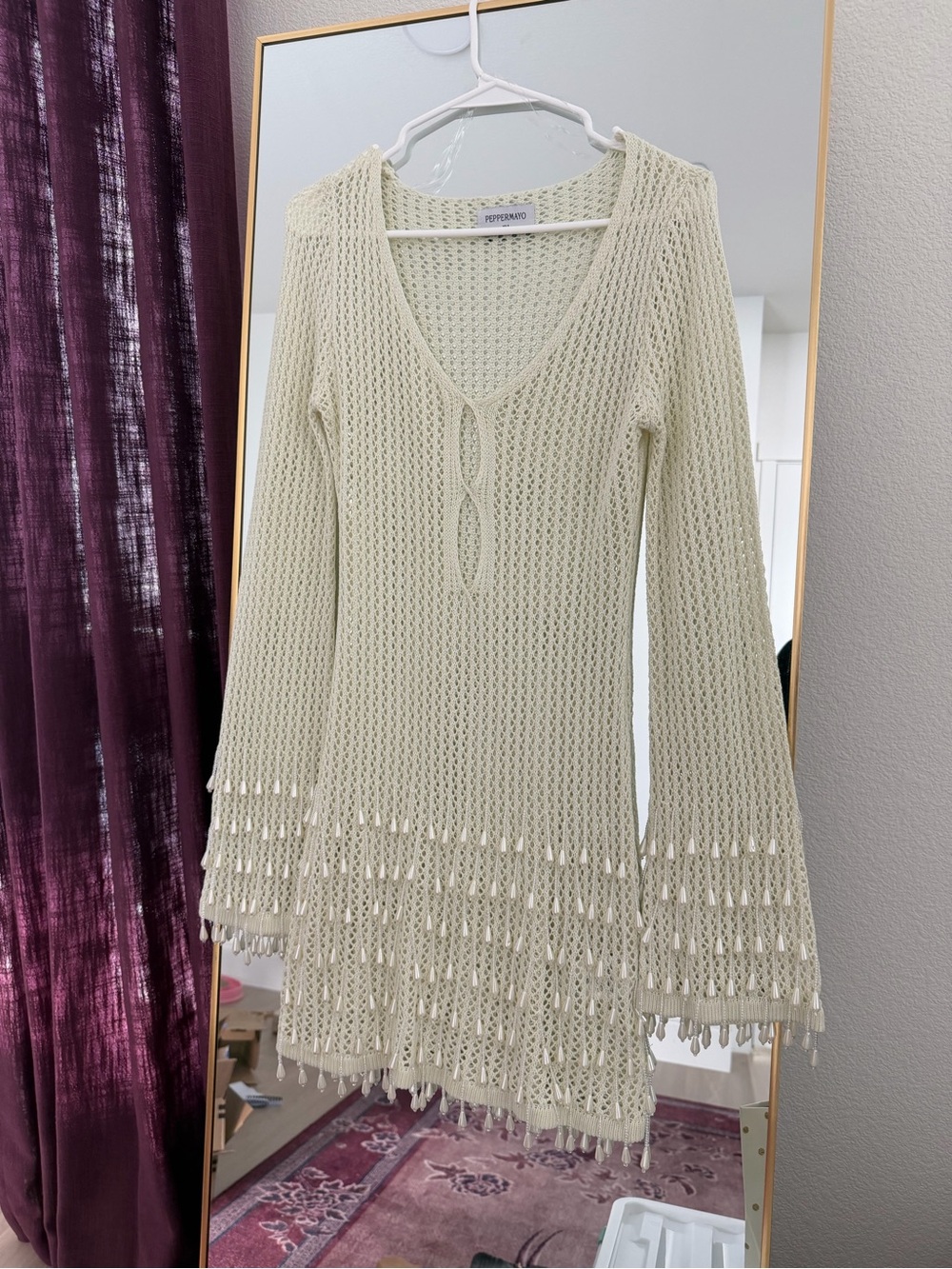 Peppermayo Cream Open-Knit Long Sleeve Crochet Dress